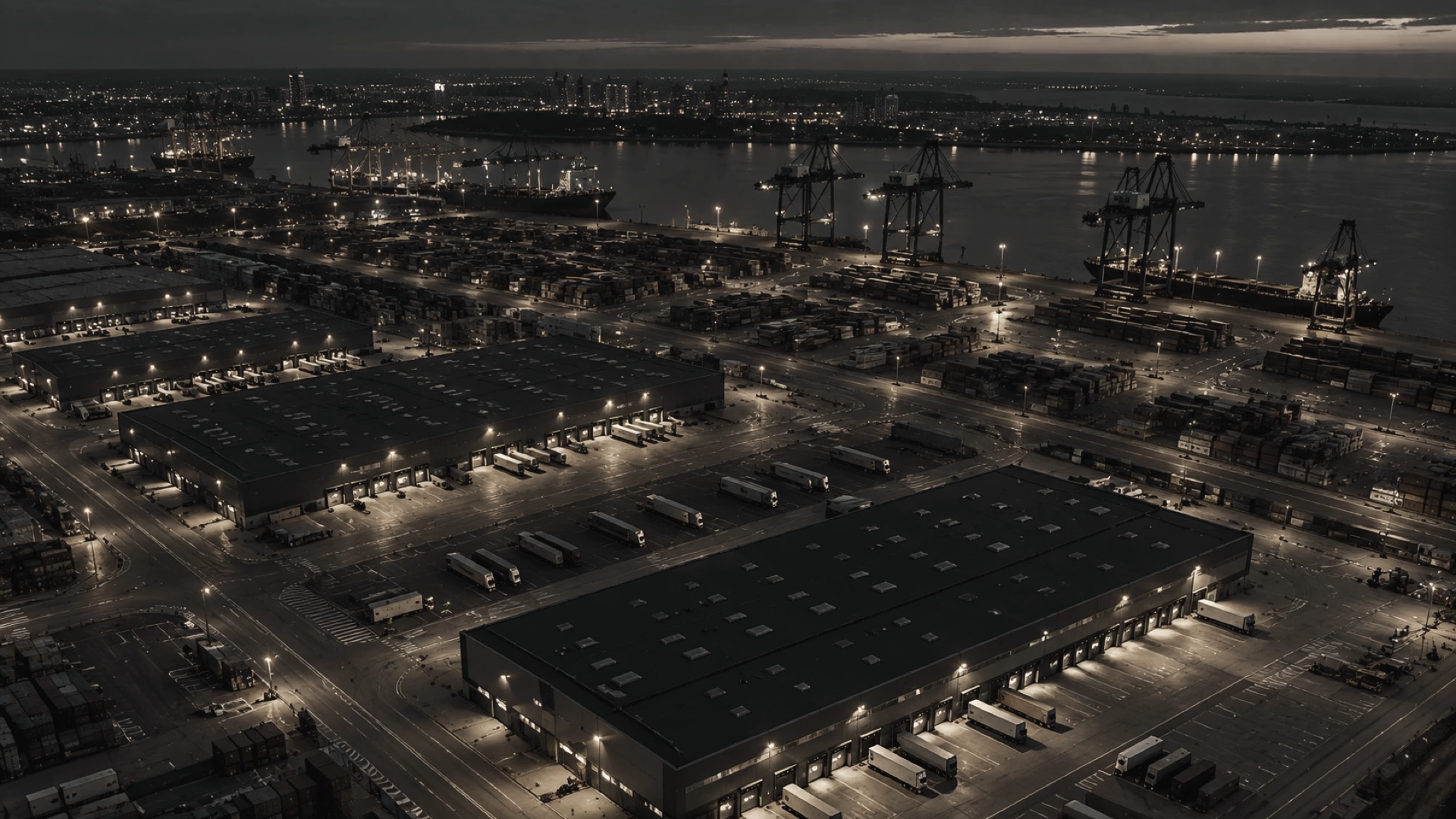 Terminal logistyczny — kontenery i naczepy ustawione wzdłuż nabrzeża.